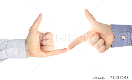 Various gestures of male hands between each other on a white background.  71457148