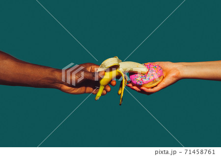 Modern art collage in pop-art style. Hands isolated on trendy colored background with copyspace, contrast 71458761