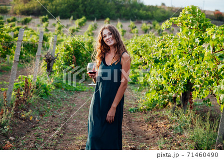 beautiful woman in dress drinks wine in vineyards beautiful woman in dress drinks wine in vineyards 71460490