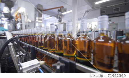 Glass bottles filled with alcoholic beverages move along conveyor line with control panel in modern distillery for bottling alcoholic beverages. Factory for bottling prune tincture. 71462369