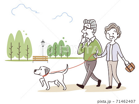 ベクターイラスト素材 犬の散歩をするシニア夫婦のイラスト素材