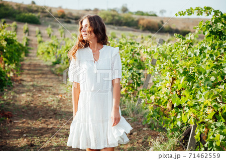 Beautiful fashionable woman in a dress in a field of vineyards collects grapes 71462559