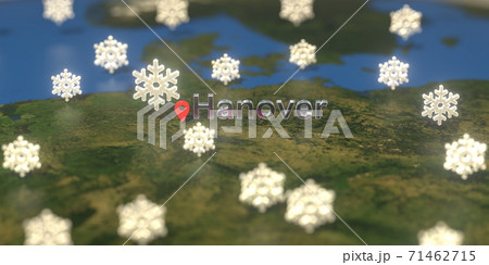 Snowy weather icons near Hanover city on the map, weather forecast related 3D rendering Snowy weather icons near Hanover city on the map, weather forecast related 3D rendering 71462715