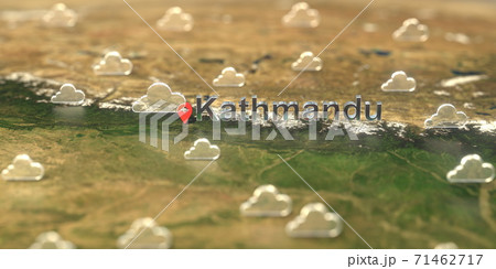 Kathmandu city and cloudy weather icon on the map, weather forecast related 3D rendering Kathmandu city and cloudy weather icon on the map, weather forecast related 3D rendering 71462717