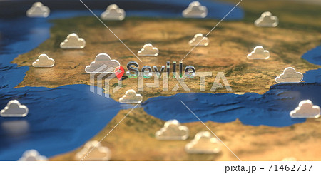 Seville city and cloudy weather icon on the map, weather forecast related 3D rendering Seville city and cloudy weather icon on the map, weather forecast related 3D rendering 71462737