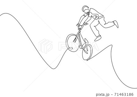 Single continuous line drawing of young BMX cycle rider show jumping into the air trick in skatepark. BMX freestyle concept. One line draw design vector illustration for freestyle promotion media Single continuous line drawing of young BMX cycle rider show jumping into the air trick in skatepark. BMX freestyle concept. One line draw design vector illustration for freestyle promotion media 71463186