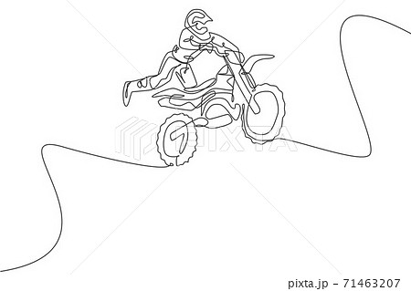 Vetor de One continuous line drawing of young motocross rider climb mound  of land at race track. Extreme sport concept. Dynamic single line draw  design vector illustration for motocross competition poster do