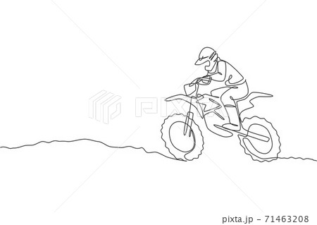One single line drawing of young motocross rider conquer track obstacles at race track vector illustration. Extreme sport concept. Modern continuous line draw design for motocross race event banner 71463208