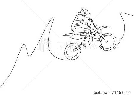 One continuous line drawing of young motocross rider jumping fly high into the air. Extreme sport concept. Dynamic single line draw design vector graphic illustration for motocross competition poster One continuous line drawing of young motocross rider jumping fly high into the air. Extreme sport concept. Dynamic single line draw design vector graphic illustration for motocross competition poster 71463216