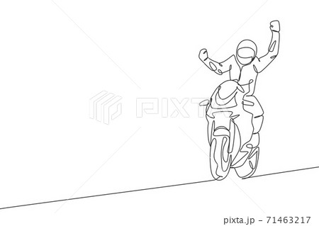 One single line drawing of young moto biker celebrate winning with raising his hands vector illustration. Superbike racing concept. Modern continuous line draw design for motor racer event banner 71463217