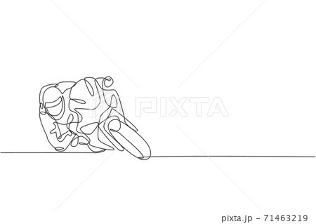 One single line drawing of young biker practice leaning into fast corner at race track vector illustration. Superbike racing concept. Modern continuous line draw design for motor racer event banner One single line drawing of young biker practice leaning into fast corner at race track vector illustration. Superbike racing concept. Modern continuous line draw design for motor racer event banner 71463219