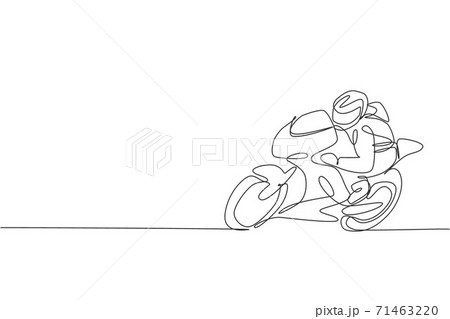 One continuous line drawing of young moto biker practicing at circuit track. Super bike racing concept graphic vector illustration. Dynamic single line draw design for motorbike race promotion poster 71463220
