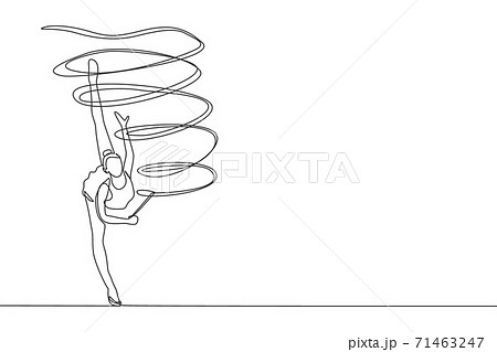 One continuous line drawing of young ballerina girl in motion. Rhythmic gymnast in leotard with ribbon. Healthy sport and active dance concept. Dynamic single line draw design vector illustration 71463247
