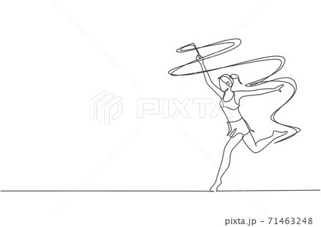 Single continuous line drawing of young beauty professional gymnast girl perform dance with ribbon. Rhythmic gymnastic training and stretching concept. Trendy one line draw design vector illustration Single continuous line drawing of young beauty professional gymnast girl perform dance with ribbon. Rhythmic gymnastic training and stretching concept. Trendy one line draw design vector illustration 71463248