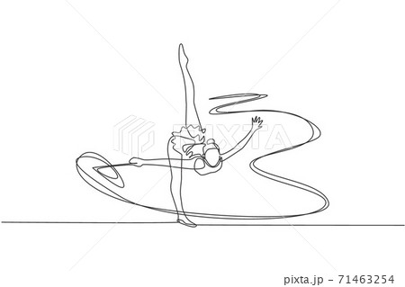 Single continuous line drawing of young beauty professional gymnast girl perform dance with ribbon. Rhythmic gymnastic training and stretching concept. Trendy one line draw design vector illustration 71463254