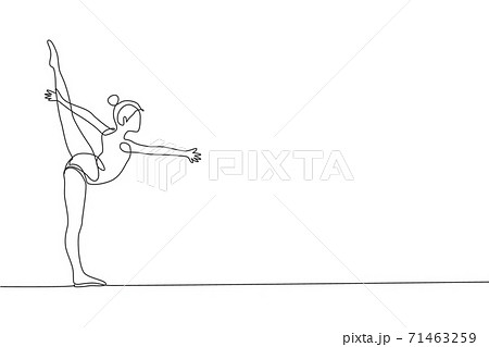 One single line drawing of young beauty gymnast girl exercise floor rhythmic gymnastic at gym vector illustration. Healthy athlete teen lifestyle and sport concept. Modern continuous line draw design One single line drawing of young beauty gymnast girl exercise floor rhythmic gymnastic at gym vector illustration. Healthy athlete teen lifestyle and sport concept. Modern continuous line draw design 71463259
