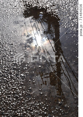 水たまりの波紋の写真素材