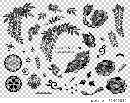 牡丹と藤と蝶のレースの刺繍素材セット 和風イラストのイラスト素材