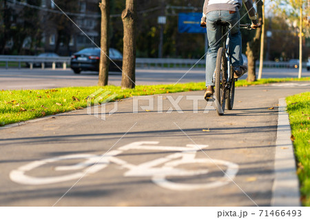 Cycle path in the city park. Bicycle sign on the road 71466493
