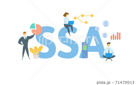 SSA, Social Security Administration. Concept with keywords, people and icons. Flat vector illustration. Isolated on white. 71470013