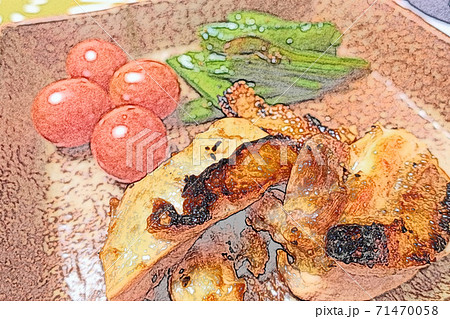 家庭的で素朴な自宅調理の滋賀県産の地鶏「淡海地鶏の焼き鳥」色鉛筆画風 71470058