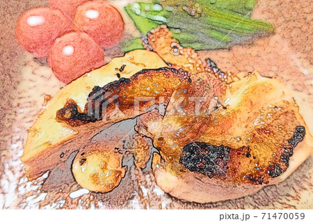 家庭的で素朴な自宅調理の滋賀県産の地鶏「淡海地鶏の焼き鳥」色鉛筆画風 家庭的で素朴な自宅調理の滋賀県産の地鶏「淡海地鶏の焼き鳥」色鉛筆画風 71470059