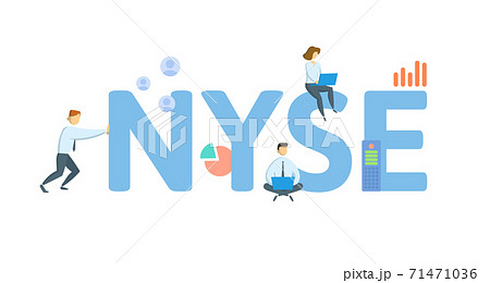 NYSE, New York Stock Exchange. Concept with keywords, people and icons. Flat vector illustration. Isolated on white. NYSE, New York Stock Exchange. Concept with keywords, people and icons. Flat vector illustration. Isolated on white. 71471036