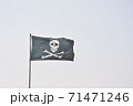 Pirate flag with with skull and bones on a light blue sky background. 71471246