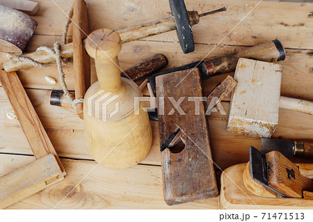 tools to work with the carpenter's wood on the table as a background 71471513