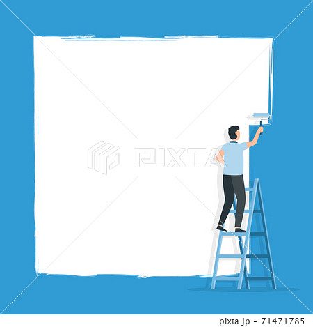 Worker on ladder paints a wall. Space for text. 71471785