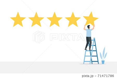 Positive review evaluation. Man stands on ladder and gives five star. Positive review evaluation. Man stands on ladder and gives five star. 71471786
