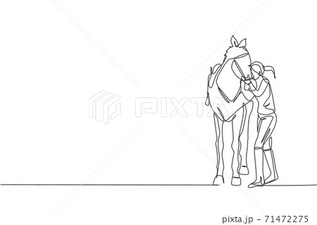 One single line drawing young horse rider woman hugging and rubbing her horsehair at stable vector illustration. Equestrian sport show competition concept. Modern continuous line draw design One single line drawing young horse rider woman hugging and rubbing her horsehair at stable vector illustration. Equestrian sport show competition concept. Modern continuous line draw design 71472275