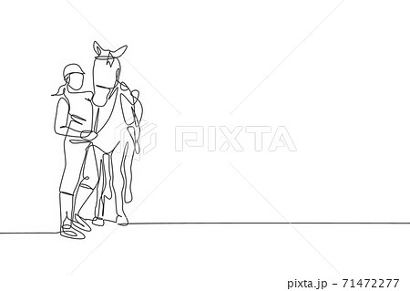 Single continuous line drawing young professional horseback rider hugging and rubbing her horsehair. Equestrian sport training process concept. Trendy one line draw design vector graphic illustration 71472277