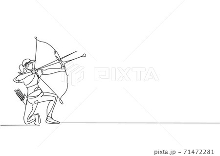 Single continuous line drawing of young professional archer woman focus aiming archery target. Archery sport exercise with the bow concept. Trendy one line draw design vector illustration graphic 71472281