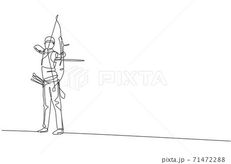 One continuous line drawing of young archer man pulling bow to shooting an archery target. Archery sport training and exercising concept. Dynamic single line draw design vector illustration graphic 71472288