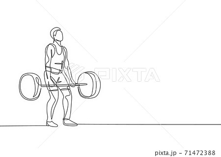 Single continuous line drawing of young strong weightlifter man preparing for barbell workout in gym. Weight lifting training concept. Trendy one line draw design graphic vector illustration Single continuous line drawing of young strong weightlifter man preparing for barbell workout in gym. Weight lifting training concept. Trendy one line draw design graphic vector illustration 71472388