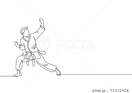 One single line drawing of young sporty karateka man in fight uniform with belt exercising martial art at gym vector illustration. Healthy sport lifestyle concept. Modern continuous line draw design One single line drawing of young sporty karateka man in fight uniform with belt exercising martial art at gym vector illustration. Healthy sport lifestyle concept. Modern continuous line draw design 71472428