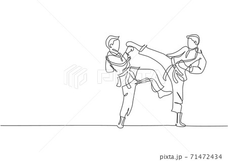 Single continuous line drawing two young confident karateka men in kimono practicing karate combat at dojo. Martial art sport training concept. Trendy one line draw design vector graphic illustration Single continuous line drawing two young confident karateka men in kimono practicing karate combat at dojo. Martial art sport training concept. Trendy one line draw design vector graphic illustration 71472434