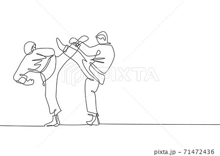 One continuous line drawing of two young talented karateka men train pose for duel fighting at dojo gym center. Mastering martial art sport concept. Dynamic single line draw design vector illustration 71472436