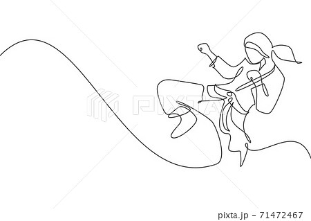 One single line drawing of young sporty karateka girl in fight uniform with belt exercising martial art at gym vector illustration. Healthy sport lifestyle concept. Modern continuous line draw design 71472467