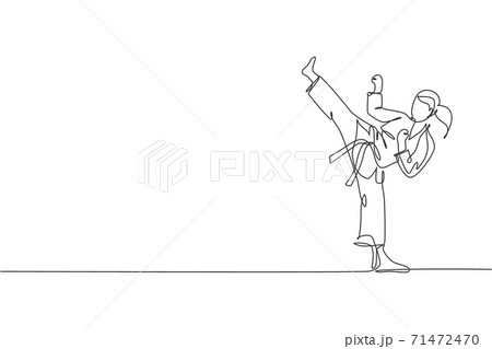 Single continuous line drawing of young confident karateka girl in kimono practicing karate combat at dojo. Martial art sport training concept. Trendy one line draw design vector graphic illustration 71472470