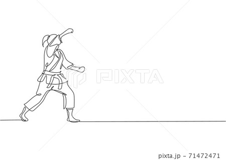 Single continuous line drawing of young confident karateka girl in kimono practicing karate combat at dojo. Martial art sport training concept. Trendy one line draw graphic design vector illustration Single continuous line drawing of young confident karateka girl in kimono practicing karate combat at dojo. Martial art sport training concept. Trendy one line draw graphic design vector illustration 71472471