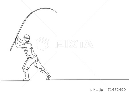 One continuous line drawing of young happy fisherman standing and pull fly fishing on the lake streaming. Fishing leisure hobby vacation concept. Dynamic single line draw design vector illustration 71472490