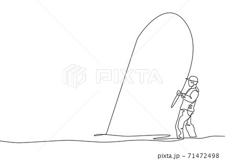 One continuous line drawing of young happy fisherman standing and