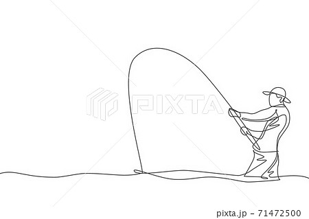 One continuous line drawing of young happy fisherman standing and