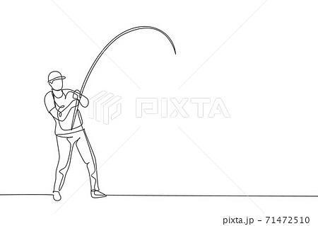 One single line drawing of young happy fisher man standing and flyfishing at the riverside vector graphic illustration. Holiday traveling for fishing hobby concept. Modern continuous line draw design One single line drawing of young happy fisher man standing and flyfishing at the riverside vector graphic illustration. Holiday traveling for fishing hobby concept. Modern continuous line draw design 71472510