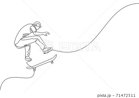 Single continuous line drawing of young cool skateboarder man riding skate and performing jump trick in skate park. Practicing outdoor sport concept. Trendy one line draw design vector illustration Single continuous line drawing of young cool skateboarder man riding skate and performing jump trick in skate park. Practicing outdoor sport concept. Trendy one line draw design vector illustration 71472511