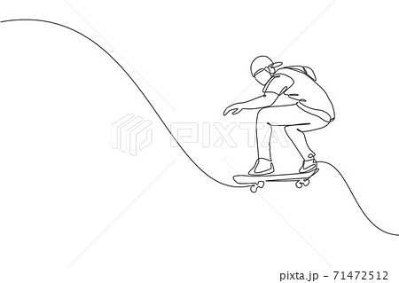 One continuous line drawing of young cool skateboarder man riding skateboard and doing a jump trick in skatepark. Extreme teenager sport concept. Dynamic single line draw design vector illustration 71472512