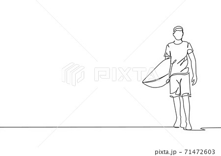 Single continuous line drawing of young professional surfer walking and carrying surfboard at sandy beach. Extreme watersport concept. Summer vacation. Trendy one line draw design vector illustration 71472603