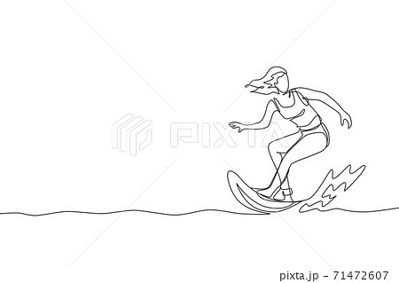 Single continuous line drawing young professional surfer in action riding the waves on blue ocean. Extreme watersport concept. Summer vacation. Trendy one line draw design graphic vector illustration Single continuous line drawing young professional surfer in action riding the waves on blue ocean. Extreme watersport concept. Summer vacation. Trendy one line draw design graphic vector illustration 71472607